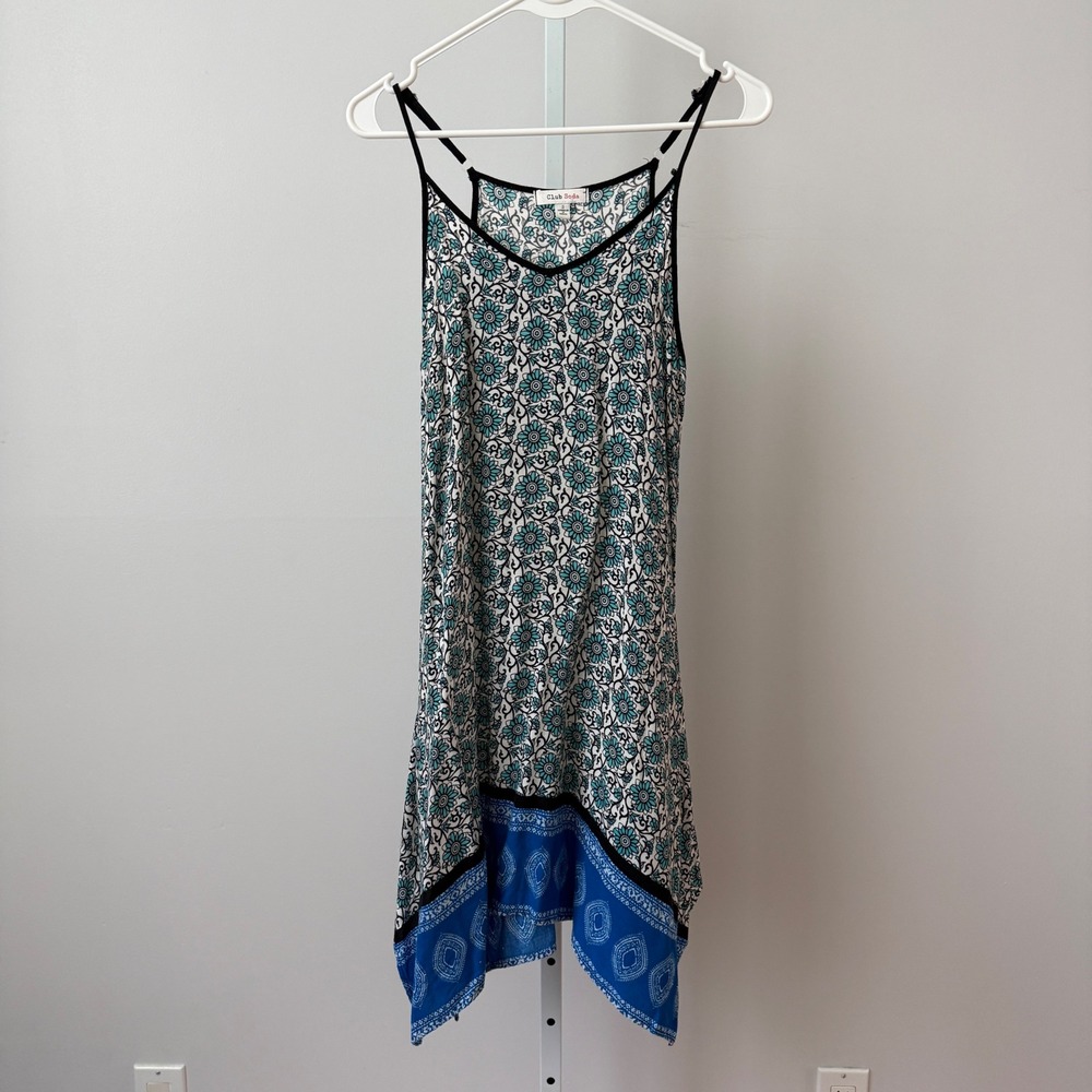 Club Soda Boho Beachy Relaxed Flowy Coastal Floral Sharkbite Dress S Blue